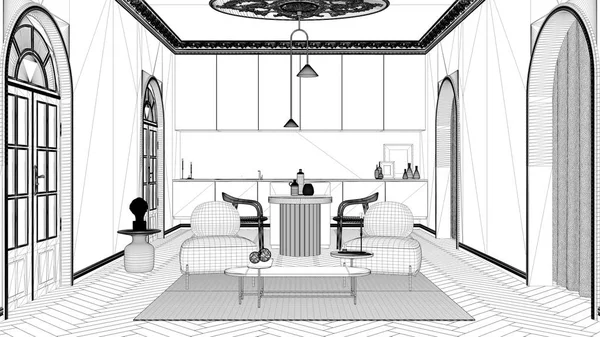 Projet de projet Blueprint, salon de luxe, salon et cuisine dans la chambre classique avec murs moulés en stuc et parquet. Île avec chaises, fauteuils avec table basse et tapis — Photo
