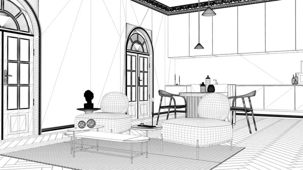 Blueprint project draft, luxury lounge, living room and kitchen in classic room with stucco molded walls and parquet floor. Island with chairs, armchairs with coffee table and carpet — 스톡 사진