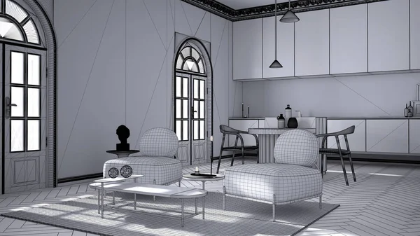 Proiect neterminat, salon de lux, living și bucătărie în cameră clasică cu pereți turnați cu stuc și podea de parchet. Insulă cu scaune, fotolii cu măsuță de cafea și covor — Fotografie, imagine de stoc