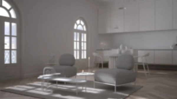 Дизайн интерьера в стиле Blur: роскошная гостиная, гостиная и кухня в классической комнате с лепными стенами и паркетом. Остров со стульями, кресла с журнальным столиком, ковер — стоковое фото