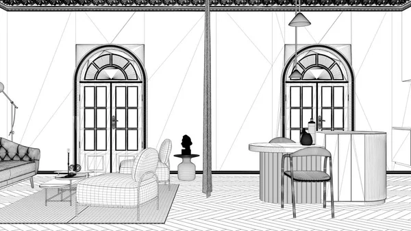 Projekt projekt projekt projekt, luksusowy salon, pokój dzienny i kuchnia w klasycznym pokoju ze sztukaterią ścian i podłogi parkietu. Wyspa z krzesłami, fotele ze stołem kawowym i dywanem — Zdjęcie stockowe