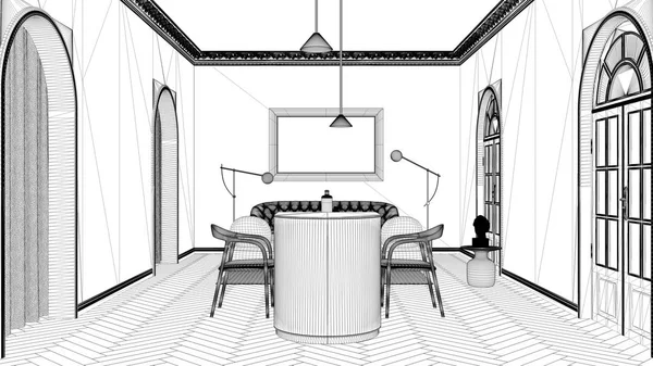 Проект чертежа, роскошная гостиная, гостиная и кухня в классической комнате с лепными стенами и паркетным полом. Остров со стульями, креслами и диваном на заднем плане — стоковое фото