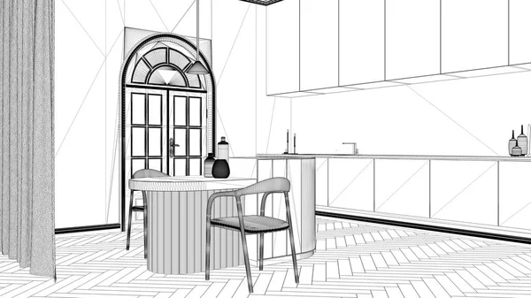 Проект чертежа, элегантная кухня в классическом помещении с лепными стенами, паркет. Дуга панорамное окно, остров со стульями, вазой, свечами и декорами. Дизайн интерьера — стоковое фото