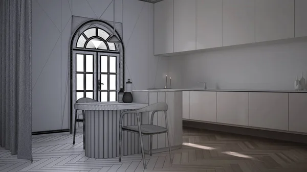 Architect interior designer concept: unfinished project that becomes real, kitchen in classic room with stucco walls. Arched panoramic window, island with chairs. Interior design