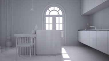 Tamamen beyaz proje taslak, klasik odada zarif mutfak, kaplama duvarlar, parke. Kemerli panoramik pencere, sandalyeli, vazolu, mumlu ve dekorlu bir ada. İç tasarım