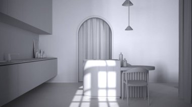 Tamamen beyaz proje taslak, klasik odada zarif mutfak, kaplama duvarlar, parke. Kemerli panoramik pencere, sandalyeli, vazolu, mumlu ve dekorlu bir ada. İç tasarım