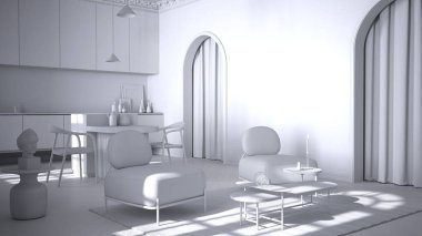 Tamamen beyaz proje taslak, lüks bir salon, oturma odası ve mutfak, kaplama duvarlar ve parke döşemeli klasik oda. Sandalyeli ada, kahve masalı koltuklar, halı.