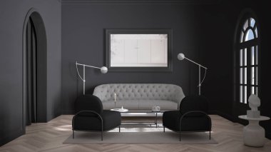 Lüks bir salon, klasik odalarda oturma odası, kaplama duvarlar ve herringbone parke zemini. Koltuklu koltuklar, kanepe, halı, ayna. Beyaz ve gri iç tasarım