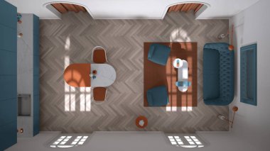 Renkli salon, oturma odası ve mutfak. Klasik oda, kaplama duvarlar ve parke döşeme. Ada, sandalyeler, koltuklar, kanepe, halı. Turuncu ve mavi iç tasarım, üst görünüm