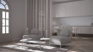 Lüks salon, oturma odası ve mutfak. Klasik oda, duvarlar ve parke zemin kaplanmış. Sandalyeli ada, kanepeli koltuklar ve halılı. Beyaz iç tasarım