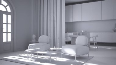 Tamamen beyaz proje taslak, lüks bir salon, oturma odası ve mutfak, kaplama duvarlar ve parke döşemeli klasik oda. Sandalyeleri, koltukları, kanepesi ve halısı olan bir ada.