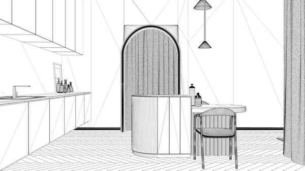 Projet de projet Blueprint, cuisine élégante dans une chambre classique avec murs moulés en stuc, parquet. Fenêtre panoramique cintrée, îlot avec chaises, vase, bougies et décors. Design d'intérieur — Photo