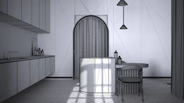 Nedokončený návrh projektu, elegantní kuchyň v klasickém pokoji se štukovými stěnami, parkety. Obloukové panoramatické okno, ostrov se židlemi, vázou, svíčkami a dekoracemi. Návrh interiéru — Stock fotografie