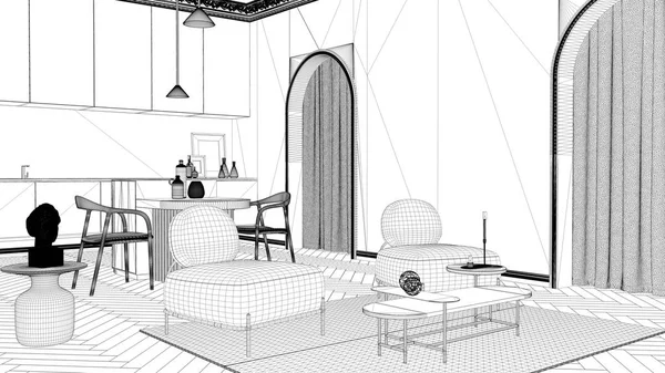 Blueprint project draft, luxury lounge, living room and kitchen in classic room with stucco molded walls and parquet floor. Island with chairs, armchairs with coffee table and carpet — 스톡 사진