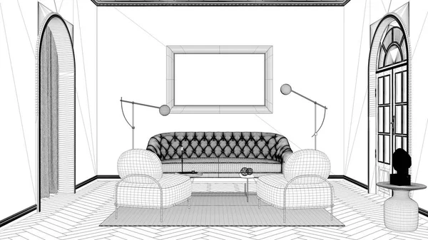 Blueprint project draft, luxury lounge, living room in classic room with molded walls and parquet. Armchairs with coffee table, sofa and carpet, big mirror. White interior design — 스톡 사진