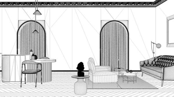 Blueprint σχέδιο έργου, σαλόνι πολυτελείας, σαλόνι και κουζίνα σε κλασικό δωμάτιο με λιθόστρωτους τοίχους και παρκέ δάπεδο. Νήσος με καρέκλες, πολυθρόνες με καναπέ και χαλί — Φωτογραφία Αρχείου