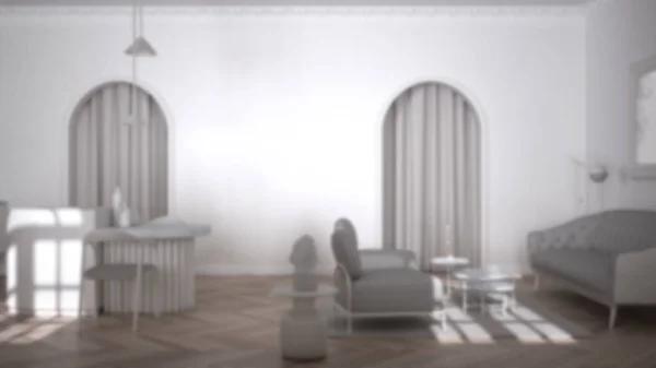 Blur fundo design de interiores: lounge de luxo, sala de estar e cozinha em quarto clássico com estuque moldado paredes e parquet. Ilha com cadeiras, poltronas com sofá, tapete — Fotografia de Stock