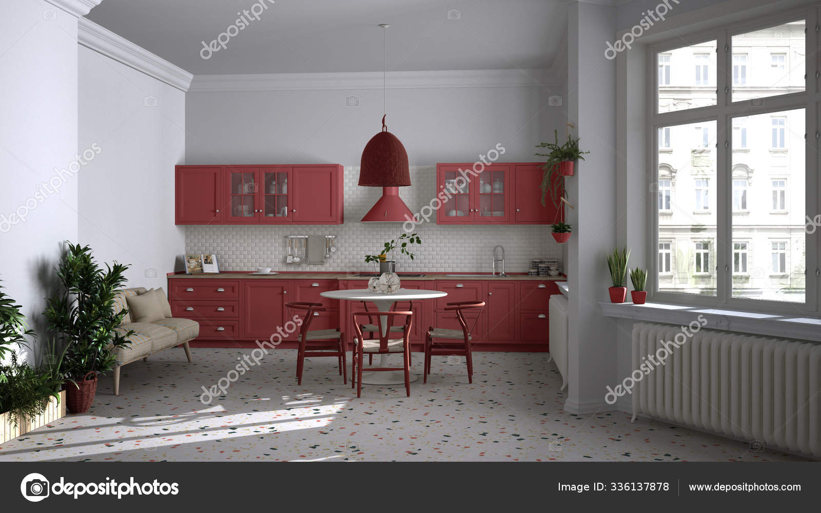 Ρετρό λευκό και κόκκινο vintage κουζίνα με μαρμάρινο πάτωμα terrazzo,  πανοραμική παράθυρα, τραπεζαρία, στρογγυλό τραπέζι με ξύλινες καρέκλες,  γλάστρες φυτά, καλοριφέρ, κρεμαστό φωτιστικό, εσωτερική διακόσμηση —  Φωτογραφία Αρχείου © ArchiVIz #336137878