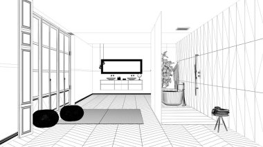 Taslak proje taslağı, parke zeminli geniş banyo, panoramik pencere, içeri giren duş ve serbest jakuzi, puflu halı, çift lavabo, minimal iç tasarım.