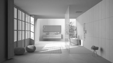 Toplam beyaz proje taslağı, parke zeminli geniş banyo, panoramik pencere, içeri giren duş ve serbest jakuzi, puflu halı, çift lavabo, minimal iç tasarım.