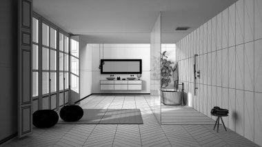 Tamamlanmamış proje taslağı, parke zeminli geniş banyo, panoramik pencere, içeri giren duş ve serbest jakuzi, puflu halı, çift lavabo, minimalist iç tasarım