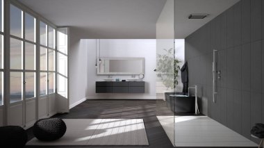 Parke zemin, panoramik pencere, duşlar, serbest banyo, halı, puf, çift lavabo, saksı, minimalist iç dizayn.