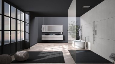 Parke zemin, panoramik pencere, duşlar, serbest banyo, halı, puf, çift lavabo, saksı, minimalist iç dizayn.