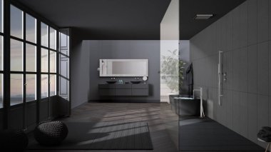 Parke zemin, panoramik pencere, banyo ve ferah küvet, puflu halı, çift lavabo, saksı, minimalist iç tasarım