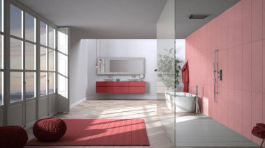 Parke zeminli kırmızı tonlu geniş banyo, panoramik pencere, içeri giren duş ve serbest banyo, puflu halı, çift lavabo, saksı, minimalist iç tasarım.