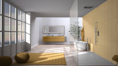 Parke zemin, panoramik pencere, banyo ve serbest banyo, puflu halı, çift lavabo, saksı, minimalist iç tasarım