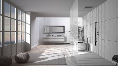 Mimari iç mimar konsepti: tamamlanmamış proje gerçek, ferah banyo, parke zemin, pencere, içeri giriş duşu, serbest banyo, çift lavabo, minimalist tasarım