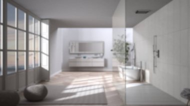 Arka plan bulanık iç tasarım: parke zeminli geniş banyo, panoramik pencere, içeri giren duş ve serbest jakuzi, puflu halı, çift lavabo