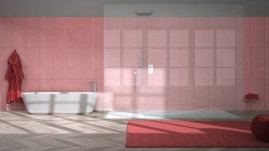 Ringbone parke zeminli kırmızı tonlarda geniş banyo, banyo ve serbest banyo seramik fayanslar, puf, bornoz ve havlulu halı, minimalist iç tasarım.