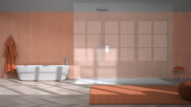 Turuncu tonlarda geniş bir banyo, ringa kemiği parke zemini, banyo ve serbest banyo, seramik fayanslar, pouf, bornoz ve havlular, minimalist iç tasarım.