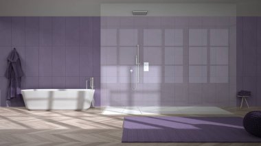 Mor tonlarda geniş bir banyo, ringa kemiği parke zemini, banyo ve serbest banyo, seramik fayanslar, pouf, bornoz ve havlular, minimalist iç tasarım.