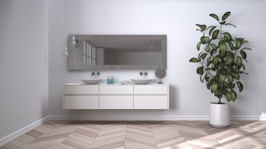Herringbone parke zeminli geniş bir banyo, yakın plan, havlular ve güzellik şişeleriyle çift lavabo, ayna, saksı fabrikası, minimalist iç tasarım fikri