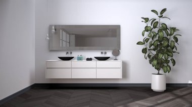 Herringbone parke zeminli, beyaz ve gri tonlarda geniş banyo, yakın plan, havlular ve güzellik şişeleriyle çift lavabo, ayna, saksı fabrikası, minimalist iç tasarım fikri