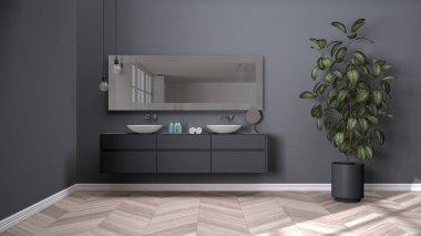 Herringbone parke zeminli, beyaz ve gri tonlarda geniş banyo, yakın plan, havlular ve güzellik şişeleriyle çift lavabo, ayna, saksı fabrikası, minimalist iç tasarım fikri