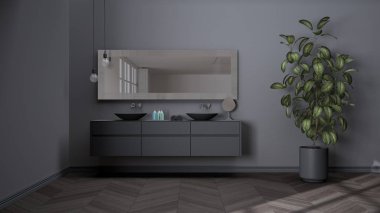 Herringbone parke zeminli geniş bir banyo, yakın plan, havlular ve güzellik şişeleriyle çift lavabo, ayna, saksı fabrikası, minimalist iç tasarım fikri