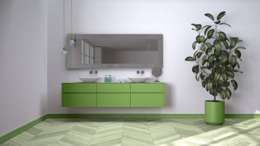 Herringbone parke zeminli, yeşil tonlarda geniş banyo, yakın plan, havlular ve güzellik şişeleri ile çift lavabo, ayna, saksı fabrikası, minimalist iç tasarım fikri
