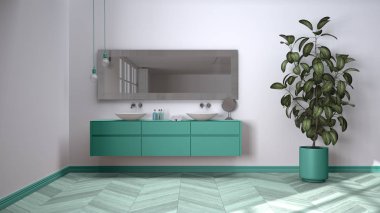 Ringbone parke zemin, yakın çekim, çift lavabo, havlular ve güzellik şişeleri, ayna, saksı fabrikası, minimalist iç tasarım fikri ile turkuaz tonlarda geniş bir banyo.