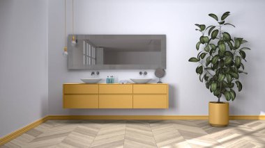 Herringbone parke zeminli geniş bir banyo, yakın plan, havlular ve güzellik şişeleri olan çift lavabo, ayna, saksı fabrikası, minimalist iç tasarım fikri.