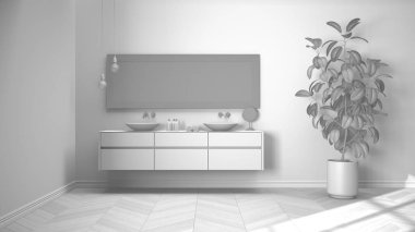 Tamamen beyaz proje taslağı, parke zeminli geniş banyo, yakın plan, havlular ve güzellik şişeleri ile çift lavabo, ayna, saksı fabrikası, minimalist iç tasarım fikri