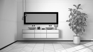 Tamamlanmamış proje taslağı, parke zeminli geniş banyo, yakın plan, havlular ve güzellik şişeleriyle çift lavabo, ayna, saksı fabrikası, minimalist iç tasarım fikri