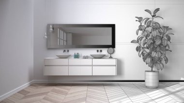 Mimari iç mimar konsepti: tamamlanmamış proje gerçek, parke zeminli ferah banyo, yakın plan, havlular ve şişelerle çift lavabo, ayna, saksı bitkisi