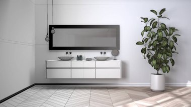 Mimari iç mimar konsepti: tamamlanmamış proje gerçek, parke zeminli ferah banyo, yakın plan, havlular ve şişelerle çift lavabo, ayna, saksı bitkisi