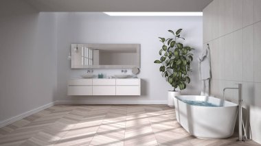 Herringbone parke zeminli geniş bir banyo, yakın çekim, serbest banyo havlular ve şişelerle çift lavabo, ayna, saksı bitkisi, minimalist iç tasarım.