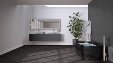 Herringbone parke zemin, yakın çekim, serbest banyo, çift lavabo, havlular ve şişeler, ayna, saksı bitkisi, minimalist iç tasarım