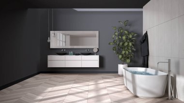 Herringbone parke zemin, yakın çekim, serbest banyo, çift lavabo, havlular ve şişeler, ayna, saksı bitkisi, minimalist iç tasarım