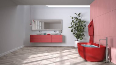 Ringbone parke zeminli kırmızı tonlarda geniş banyo, yakın çekim, serbest banyo havlular ve şişelerle çift lavabo, ayna, saksı fabrikası, minimalist iç tasarım.